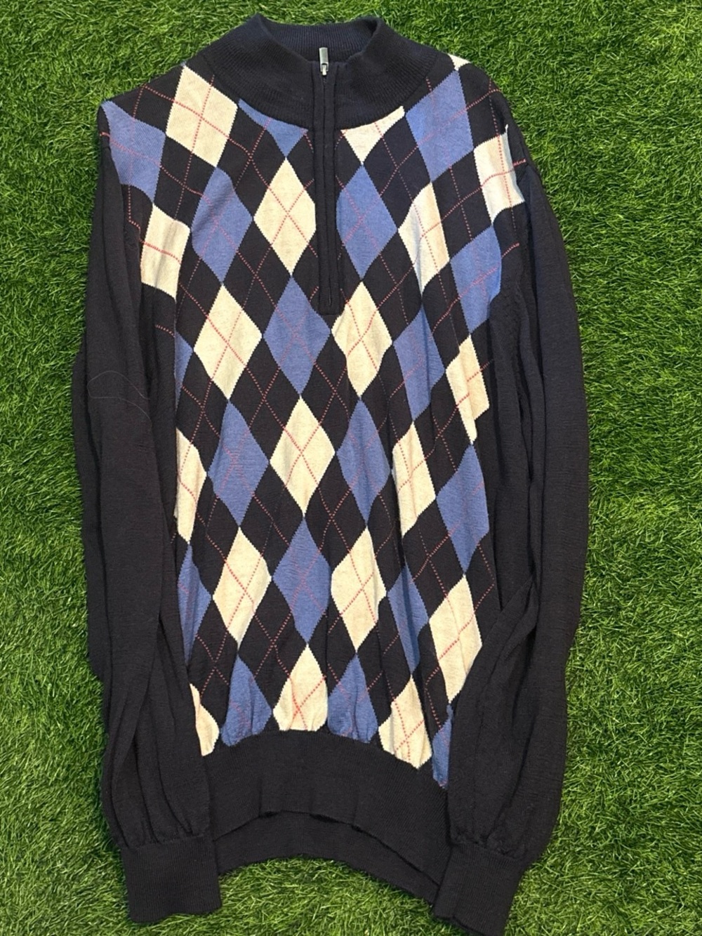 FootJoy Wool Navy Argyle Half-Zip Sweater - Blue & Cream XL